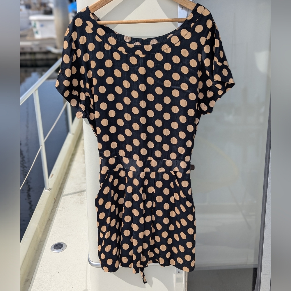 ganni | Polka Dot Silky Black Mocha Mini Dress Pockets Small Short Sleeve